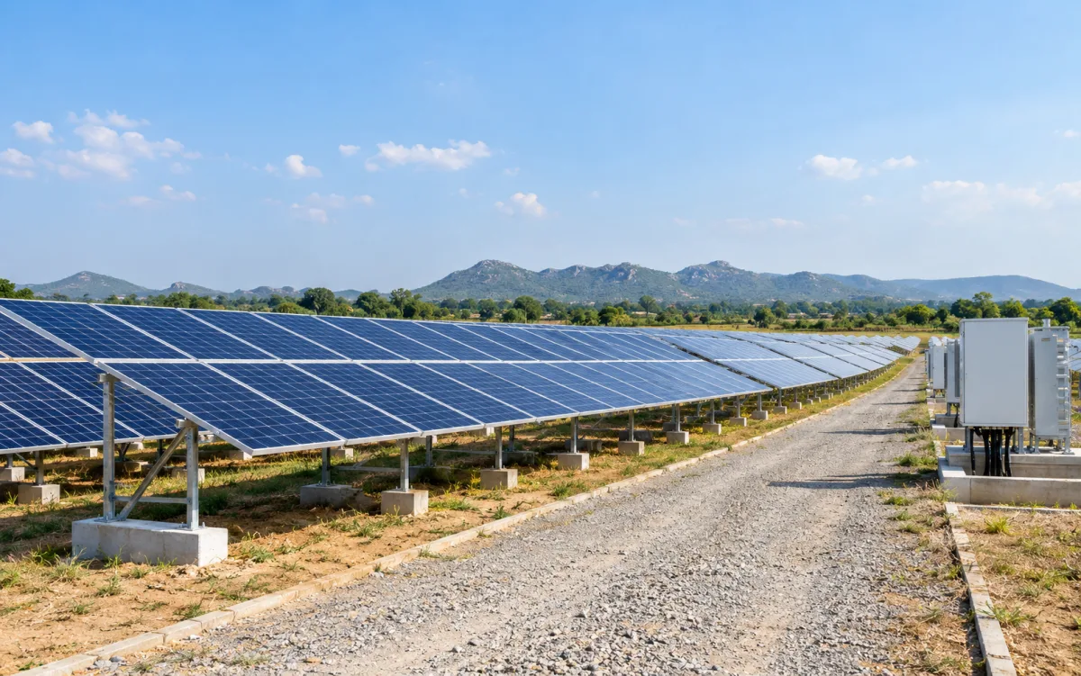 Ground-mounted solar panel project with rows of panels in open land