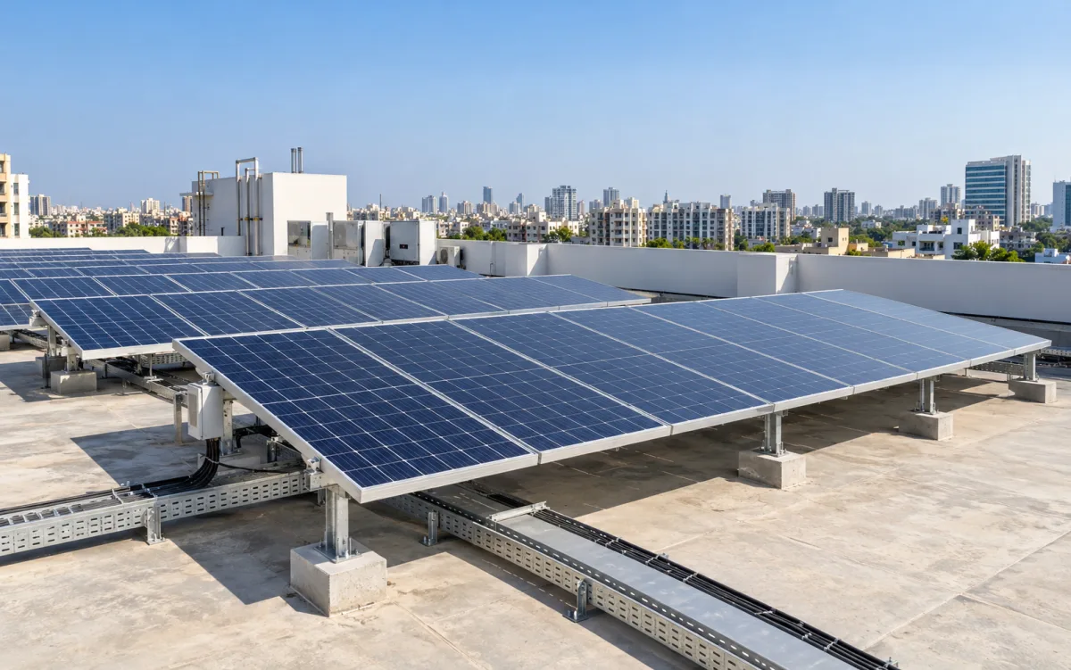 Commercial rooftop solar panel installation on an urban building