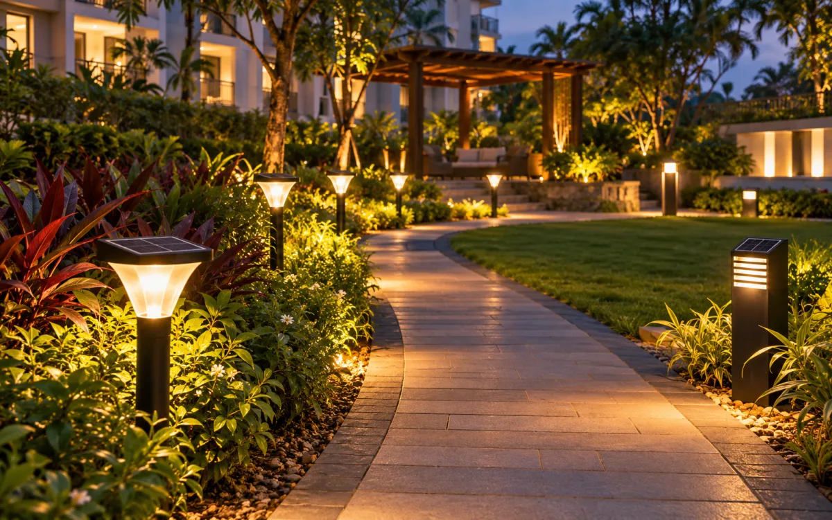 Solar garden pathway lights glowing in a landscaped outdoor area