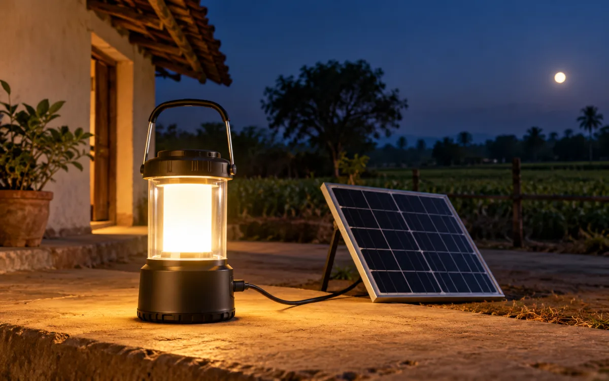 Portable solar lantern glowing at night beside a small solar charging panel