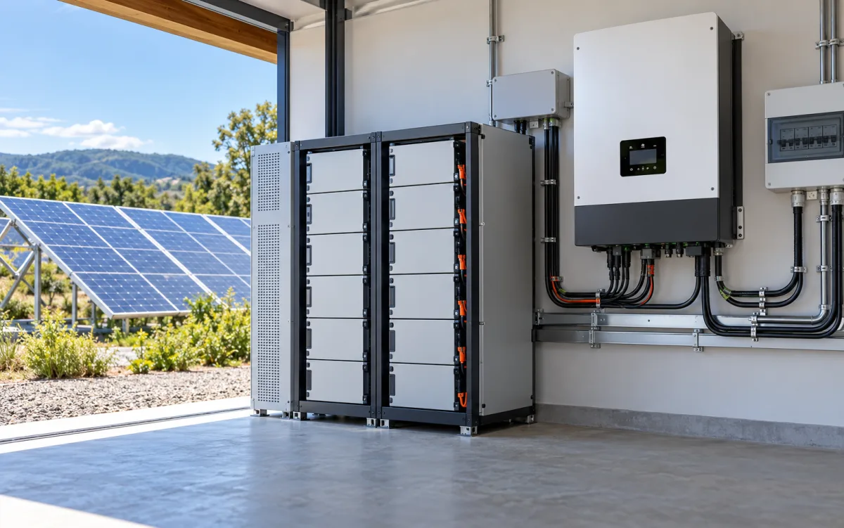 Solar power pack with battery storage, inverter and connected solar panels