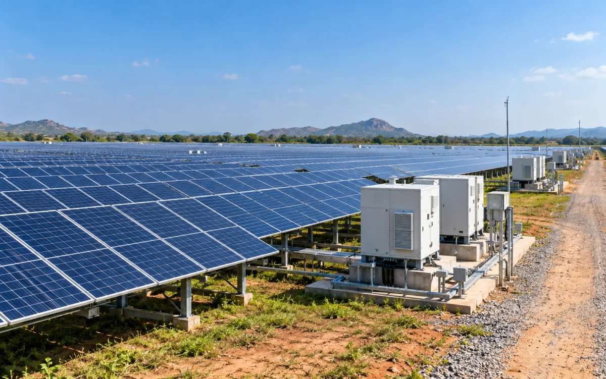 Large-scale solar power plant with rows of panels and inverter infrastructure
