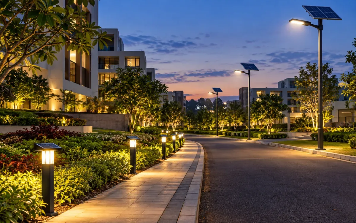 Solar street lights illuminating a landscaped road and pathway