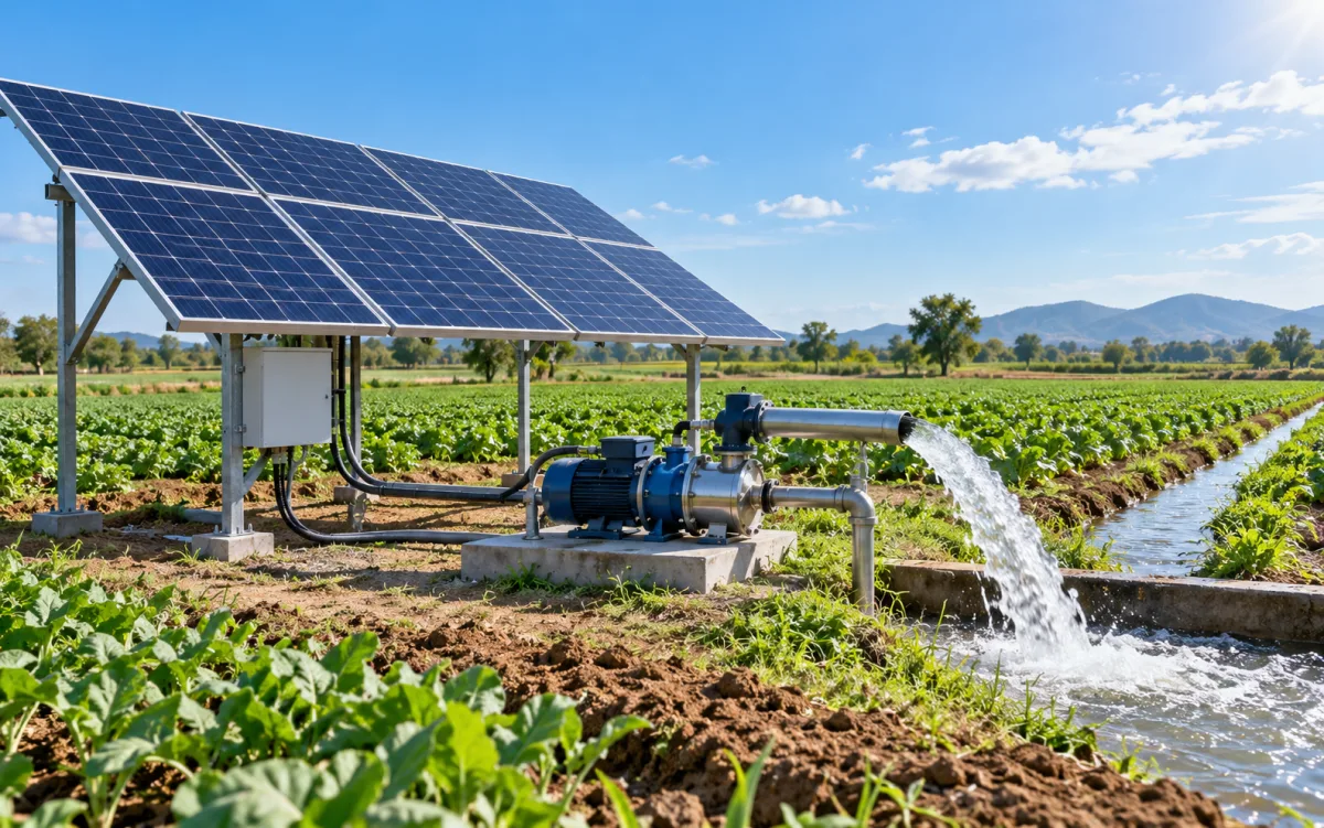 Solar panels connected to a water pump for agricultural irrigation